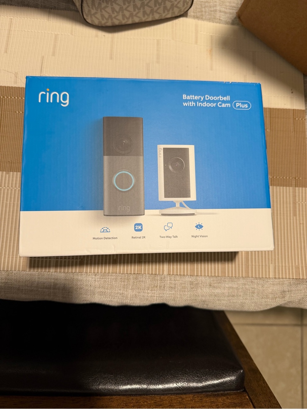 Ring Blue and White Battery Doorbell with Indoor Cam Plus Box